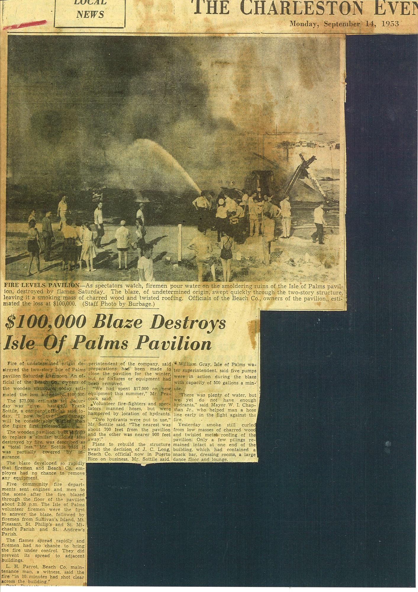 News clipping of pavilion fire